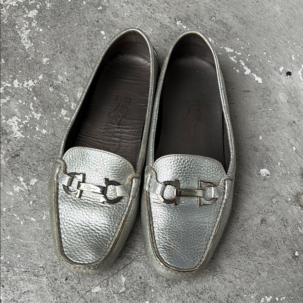 Ferragamo silver metallic driving shoes